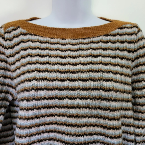 Nine West Cropped Striped Blue Tan Cream Boat Neck Sweater Fall Winter Size M - Picture 2 of 10